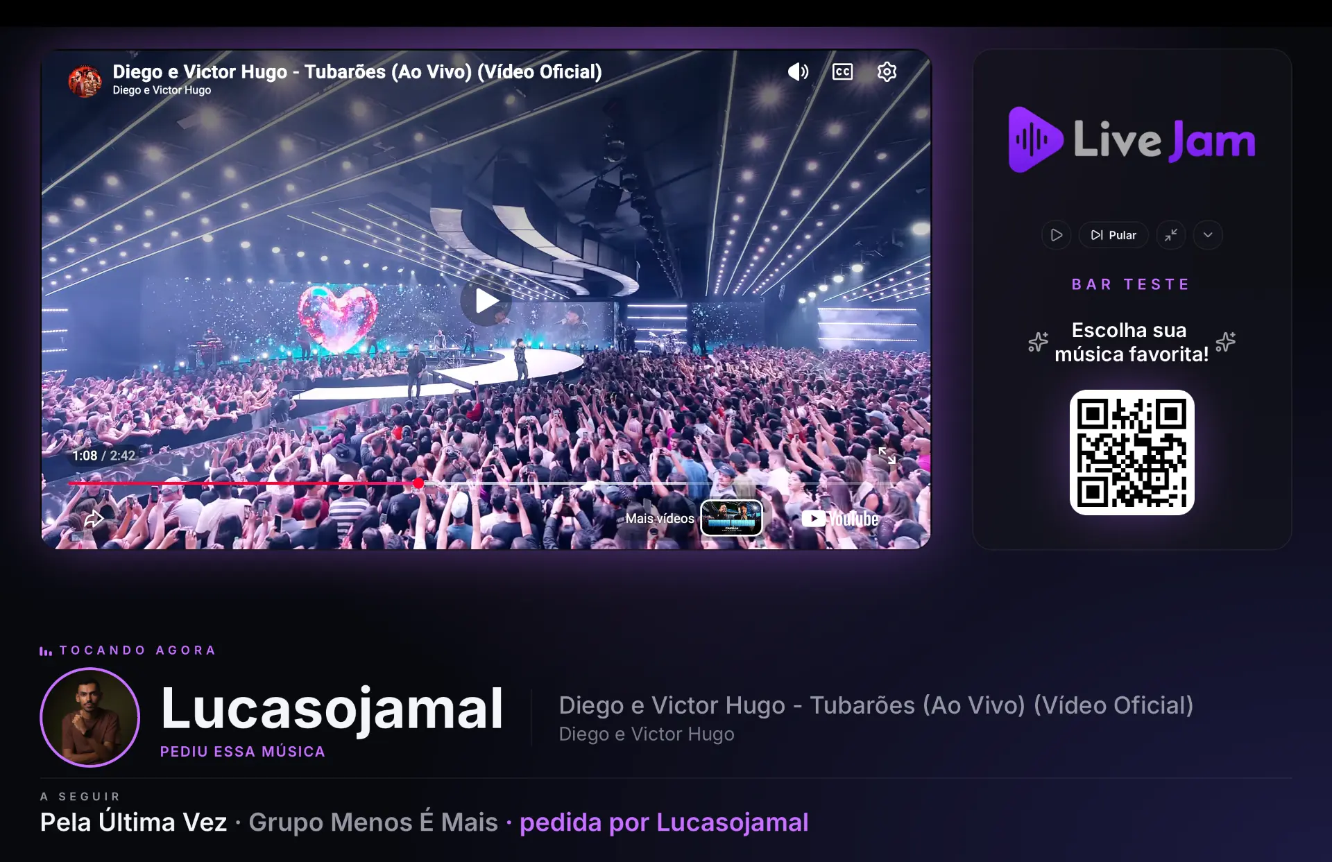 Tela do player LiveJam com vídeo, QR Code e fila de pedidos